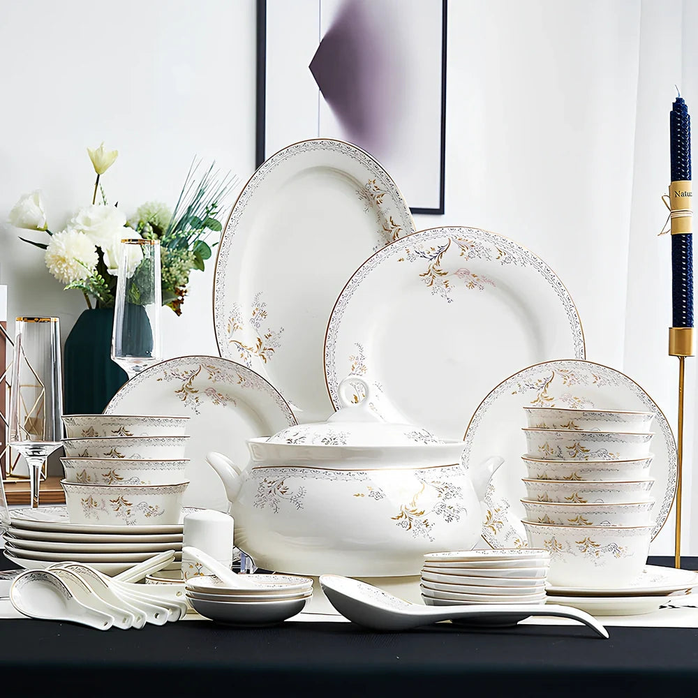 Bone china bowl and saucer set with overglaze rim patterns in Swan Lake design, 28-head configuration
