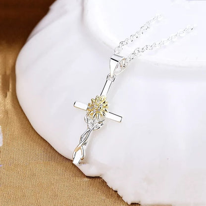 Gold and silver sunflower cross pendant necklace for women, made from durable copper