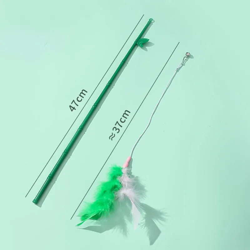 Green interactive cat feather wand toy with bell for durable feline play and stimulation