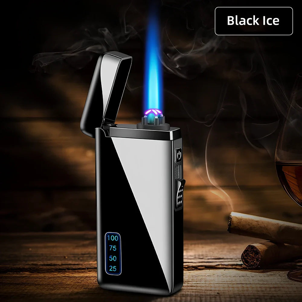Metal windproof electric lighter showing compact 77.5mm design with USB charging port and flame adjustment