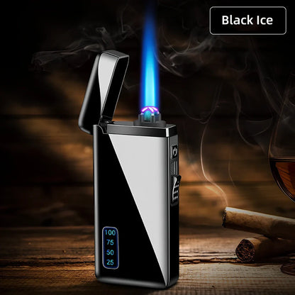 Metal windproof electric lighter showing compact 77.5mm design with USB charging port and flame adjustment