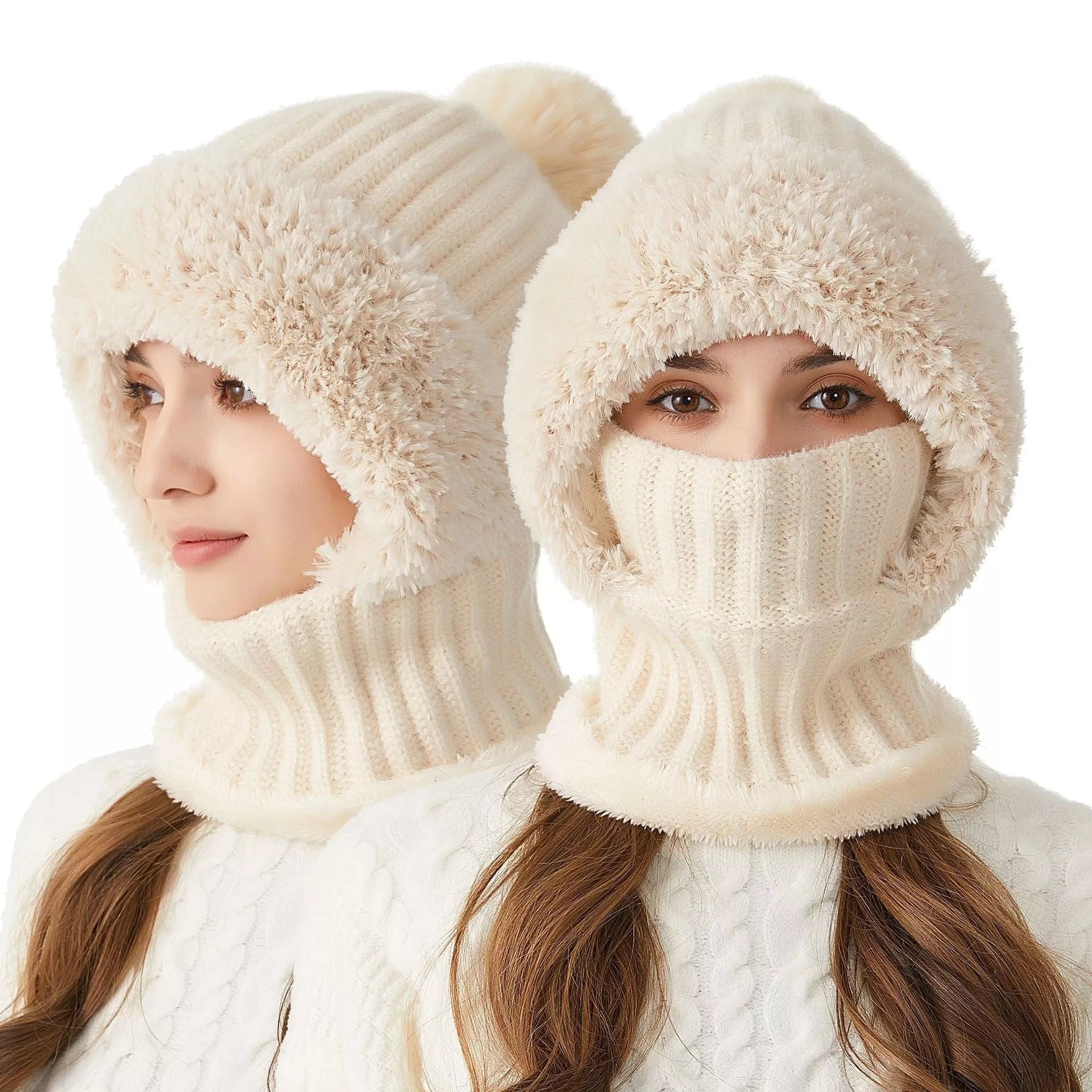 High elastic solid color knitted hat scarf mask one-piece for women in six colors