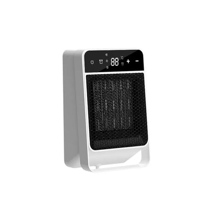Desktop warm air blower heater with touch screen display measuring 19x10x28cm, includes remote control