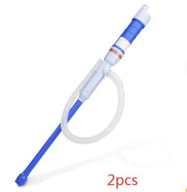 Blue and red manual siphon hand pump for fuel and oil transfer.