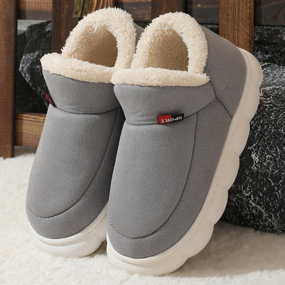 Cozy plush house slippers with soft velvet upper, warm suede lining, and thick rubber soles for indoor and light outdoor wear