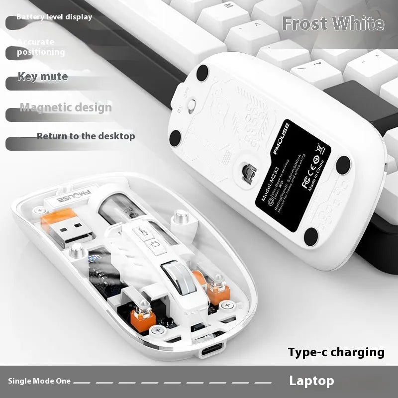 Transparent wireless computer mouse showing internal components with USB connection