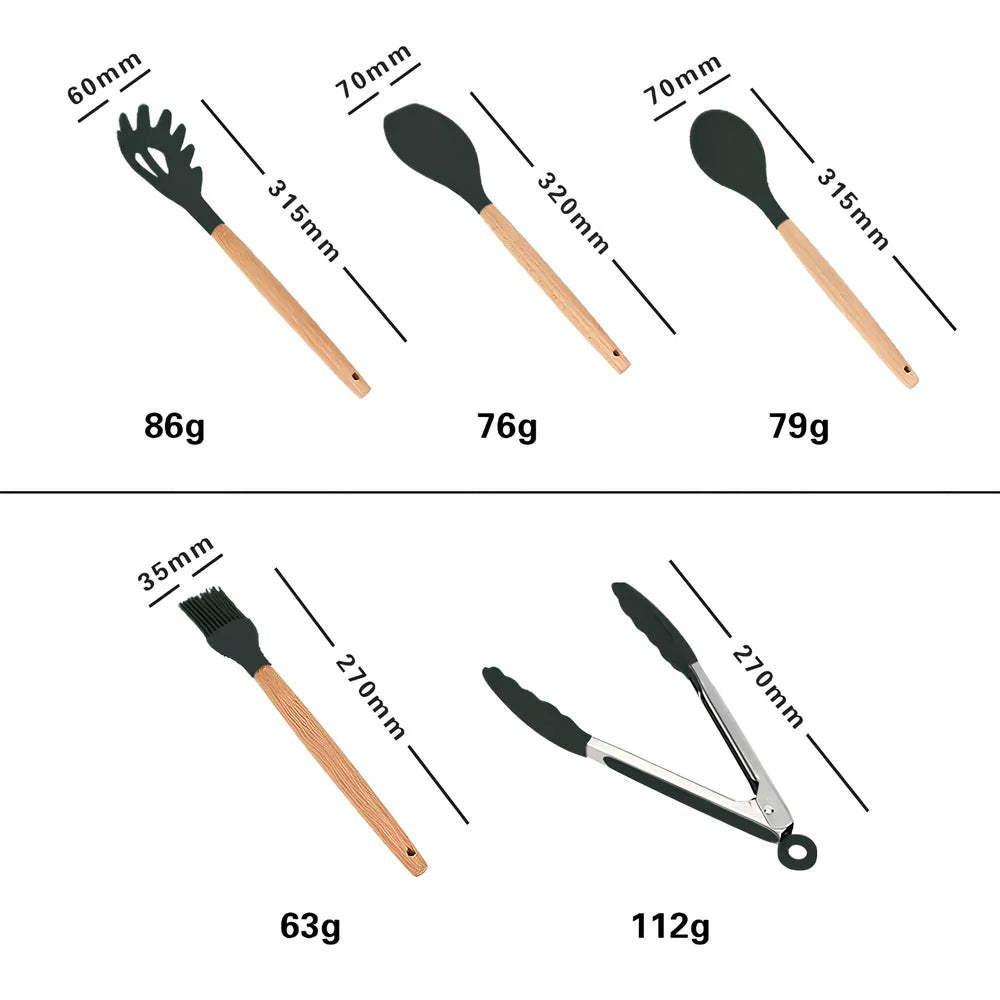 Wooden handle silicone cooking utensils set with 12 tools including spatula, whisk and food tongs in organiser barrel