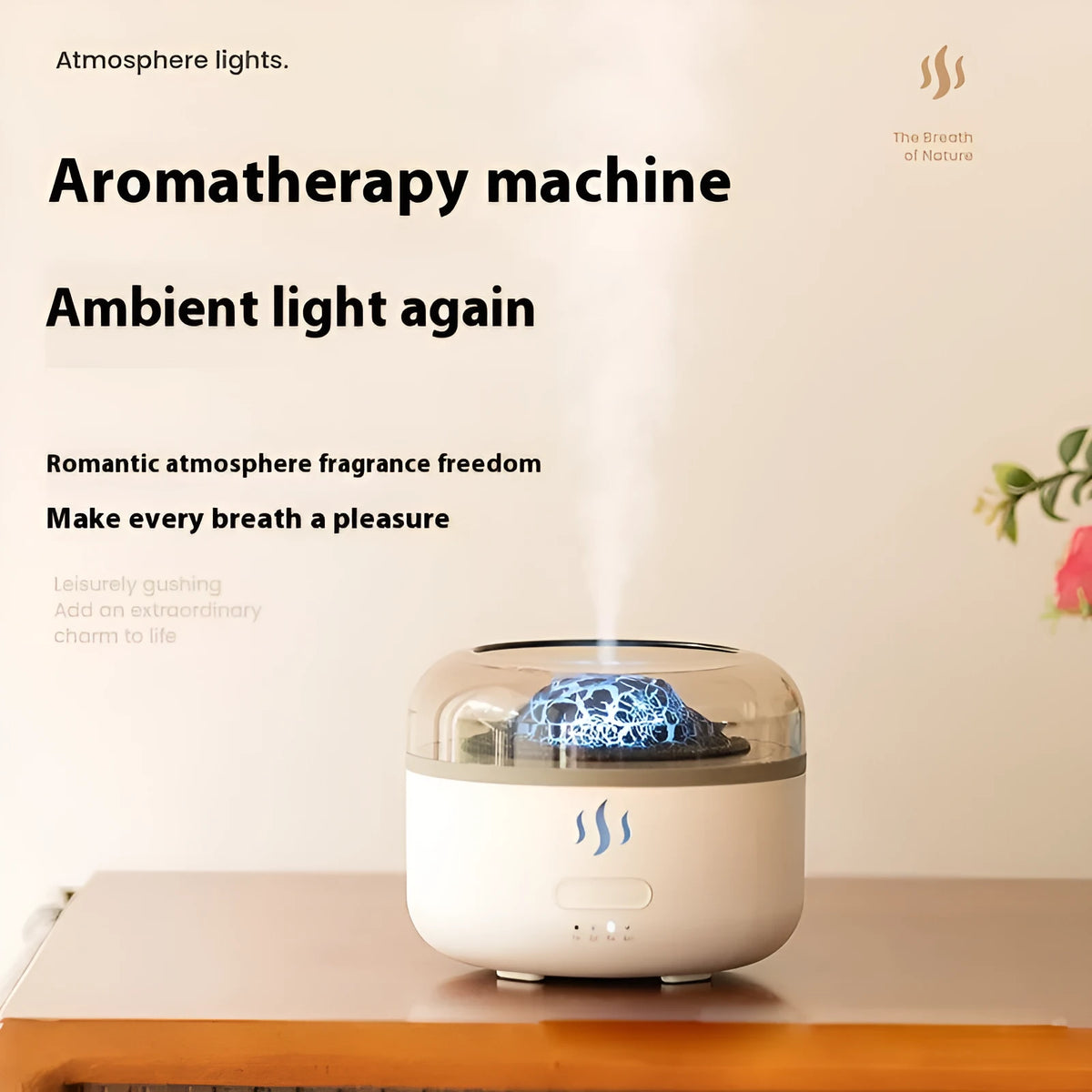 Milky white round plastic simulation flame aroma diffuser with colourful flame effect and anion function