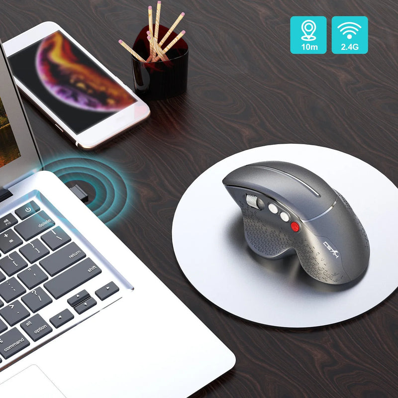 T32 Wireless Vertical Mouse with Side Roller for Ergonomic Office and Gaming Use, Black or Silver Grey Matte Finish, 2.4GHz 10m Range, Adjustable DPI