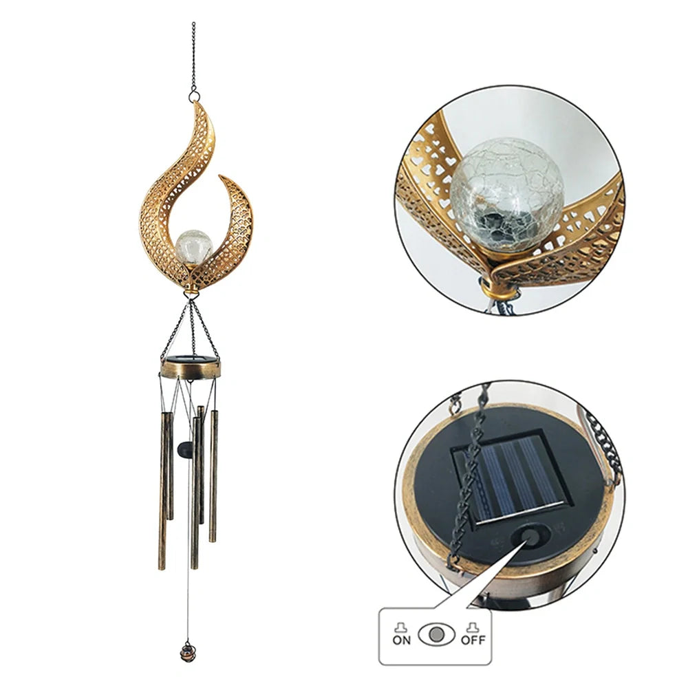Solar wrought iron wind chime lamp with hollow flame design for garden lighting