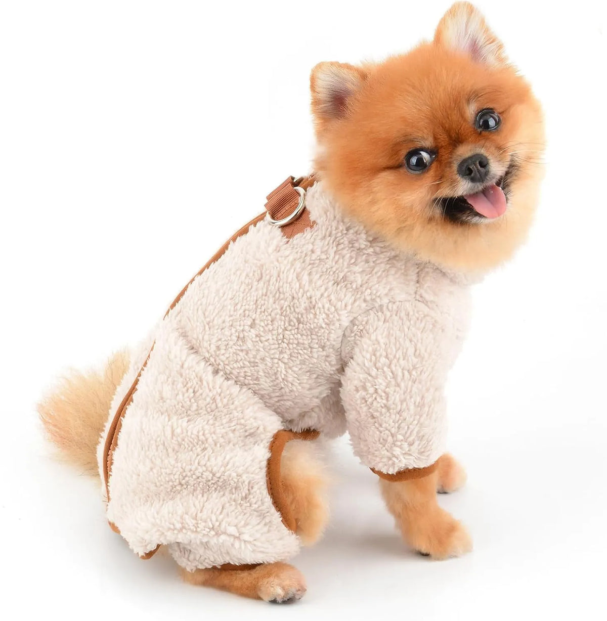Green plush fleece dog jumpsuit coat with a back zipper and D-rings on a small dog.