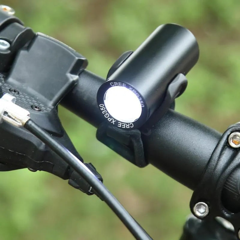Black USB rechargeable bicycle front light with 350 lumen output for road and mountain bikes