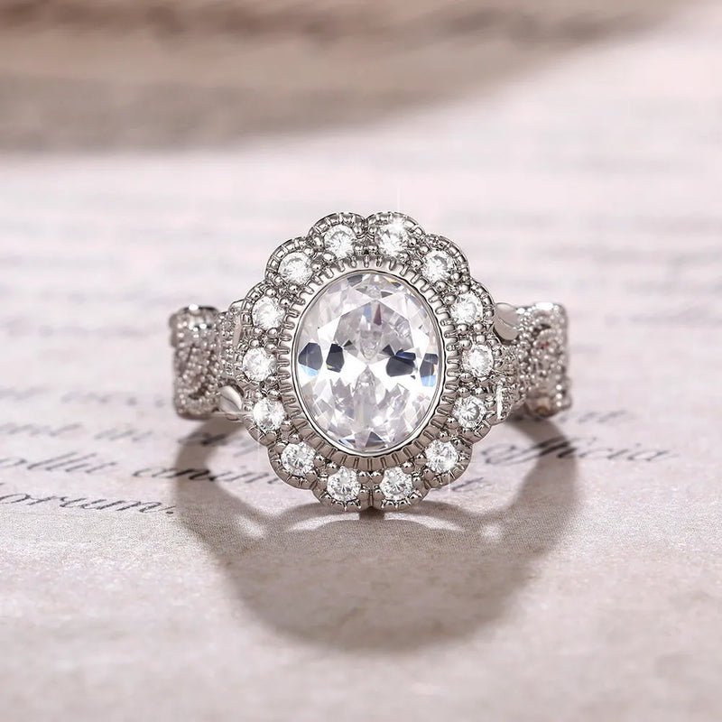Full Diamond Copper Plating Round Zircon Ring For Women in White Gold Colour - Size 6-10 Geometric Niche Style Fashion Jewellery