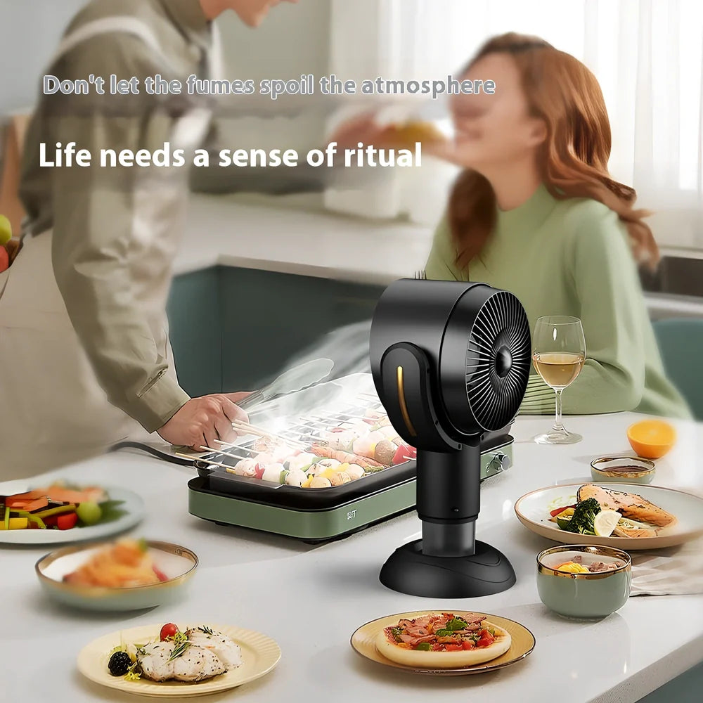 Portable desktop range hood in black gold finish with USB cable, dimensions 145x226x275mm