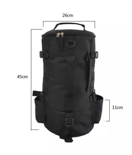 Black cylindrical fishing backpack with 36-55L capacity, lightweight and durable for outdoor use