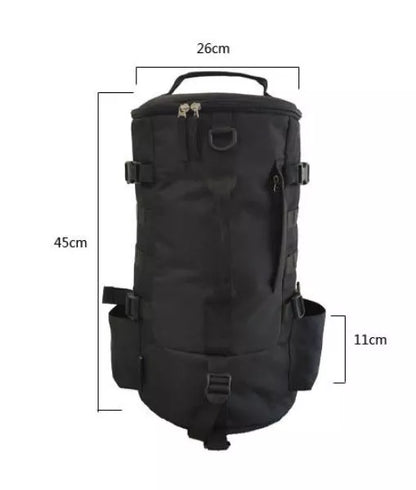 Black cylindrical fishing backpack with 36-55L capacity, lightweight and durable for outdoor use