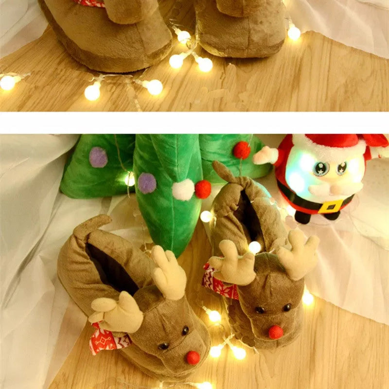 Christmas elk slippers for couples in yellow and khaki, plush material, sizes 35-43