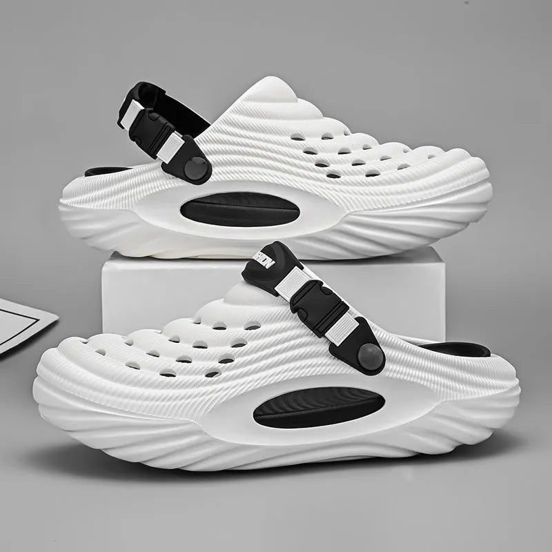 Men's solid colour casual platform slippers in EVA with a hollow-out design.