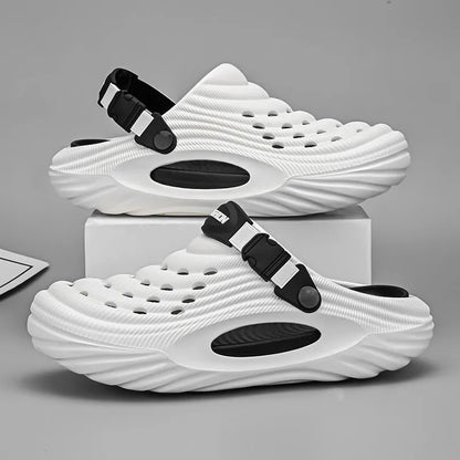 Men's solid colour casual platform slippers in EVA with a hollow-out design.