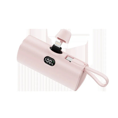 Capsule digital display wireless power bank showing battery percentage on screen, compact 79x34x26mm design with integrated plug