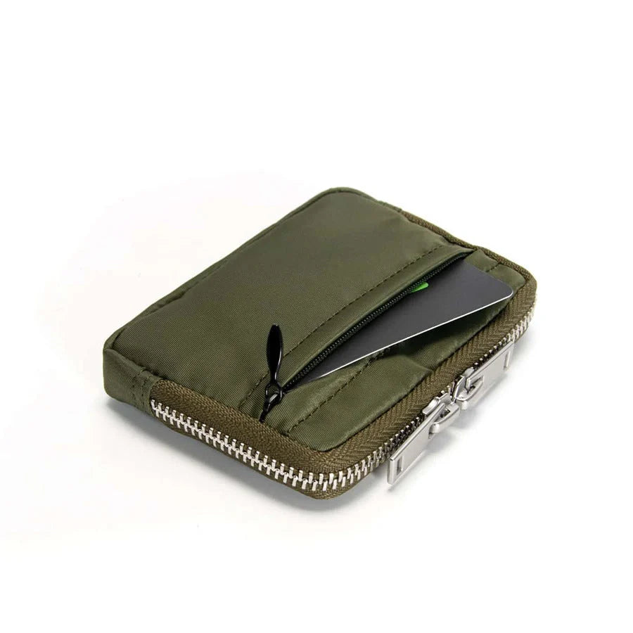 Handheld RFID Anti-Theft Wallet in black, dark gray, Army Green, and dark blue