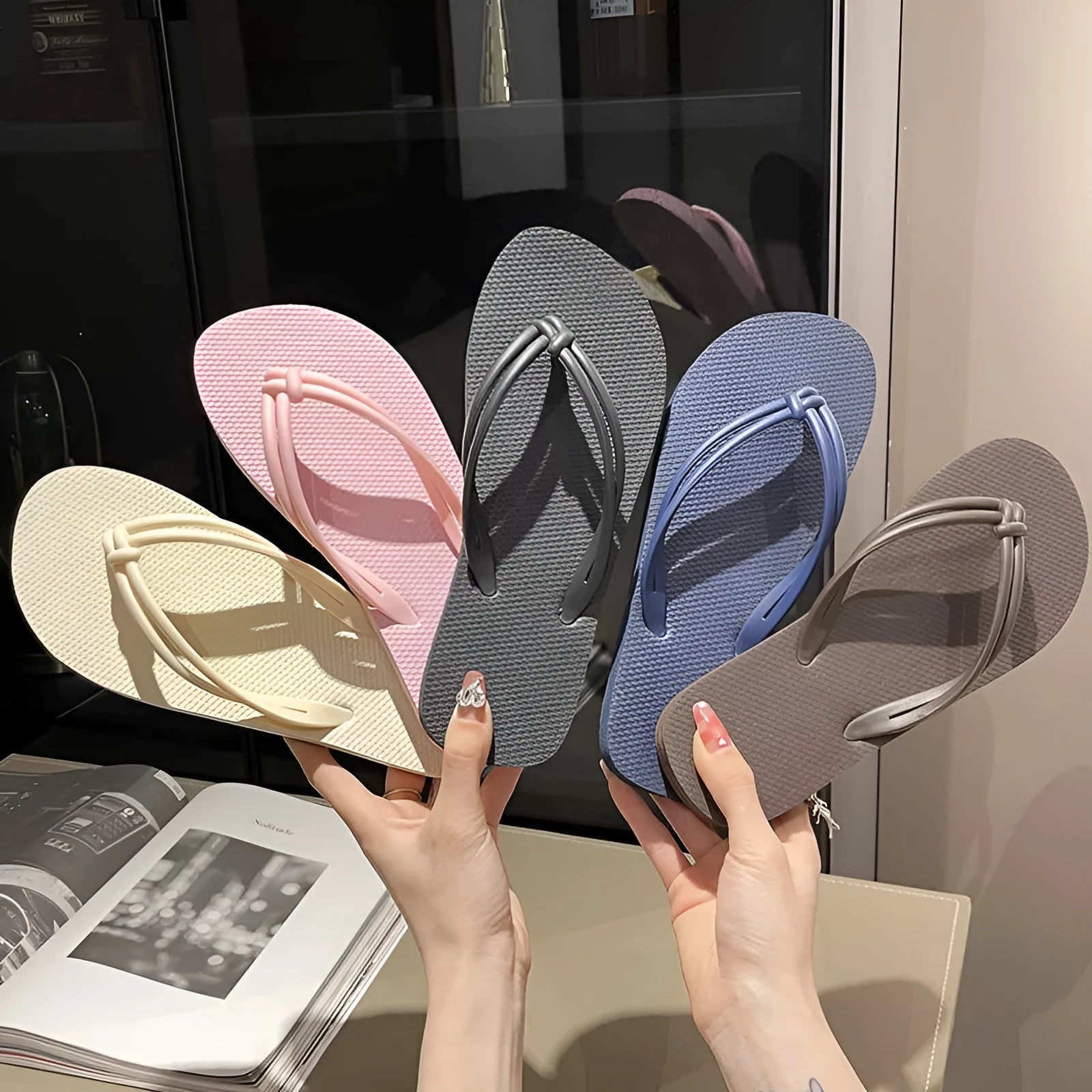 PVC injection moulded flip flops in toe-covering casual style with non-slip sole