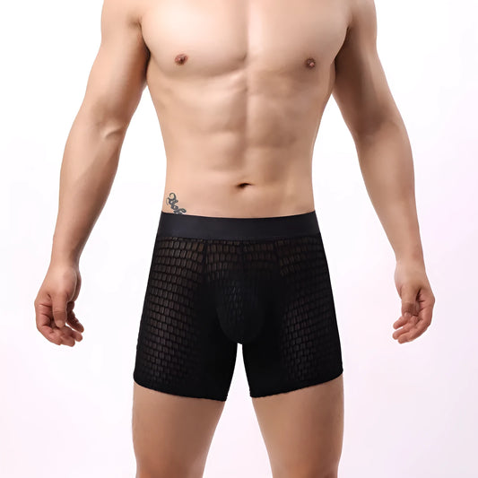 Men's low waist lace mesh boxer shorts in multiple colours on a white background.