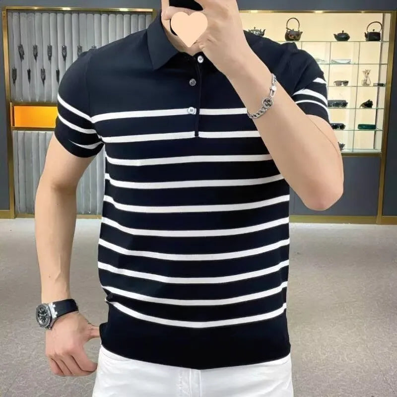 Black and white striped knitted t-shirt with lapel collar detail showing non-iron chemical fibre fabric
