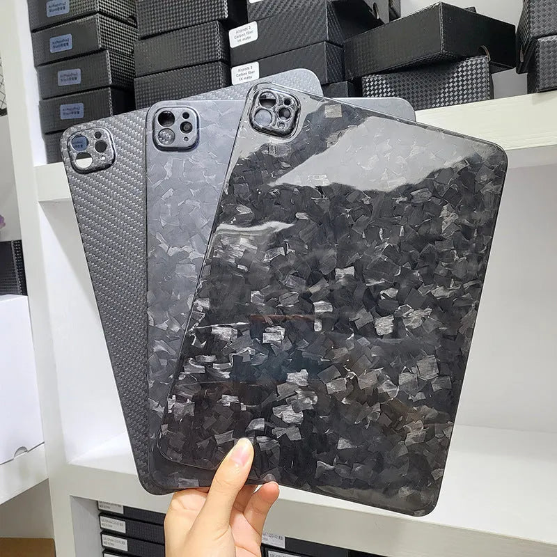 Carbon fibre protective cover for iPad Pro 11 showing 3K matte fine hole texture and embossed plaid pattern