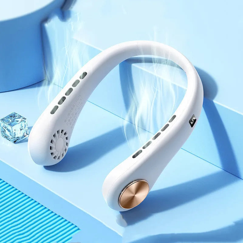 White bladeless hanging neck fan worn around a person's neck showing its snake-like shape and annular air outlet.