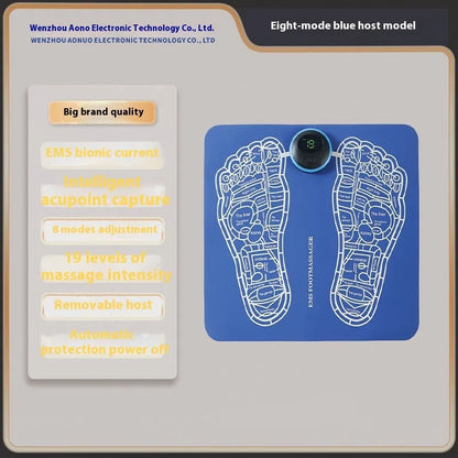 Blue rechargeable foot massager mat with reflexology nodes and remote control on wooden floor