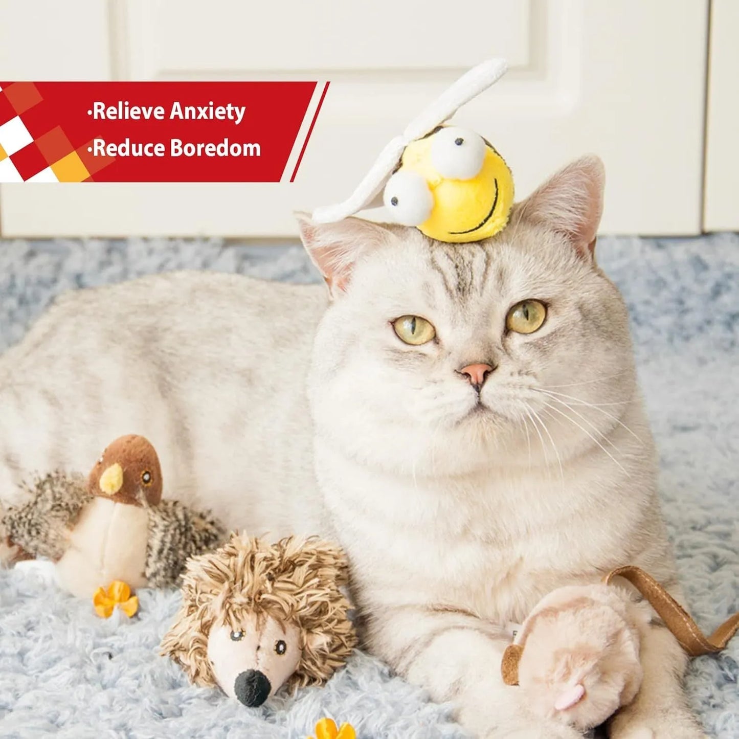 Yellow bee-shaped cat toy with flannelette fabric, motion-activated squeaking sound mechanism for interactive play