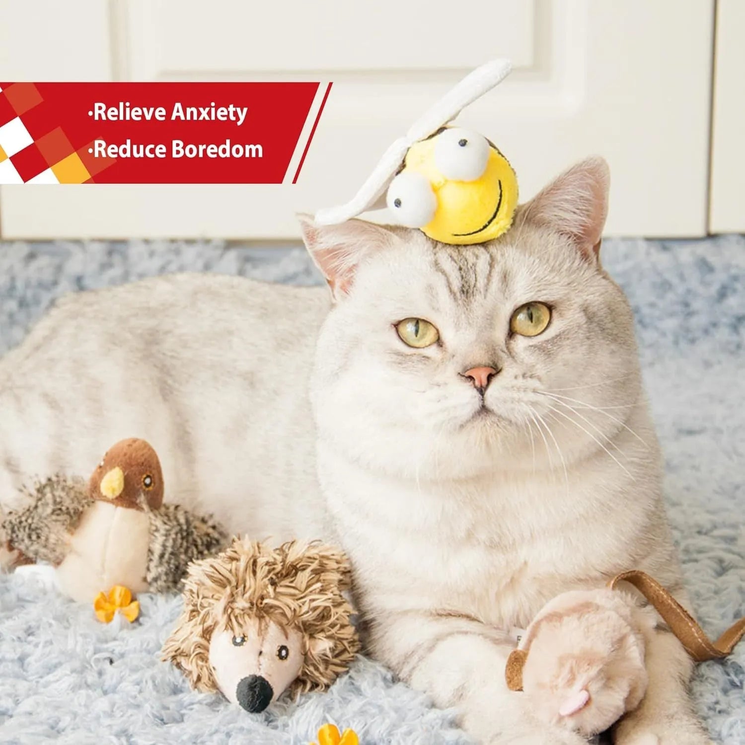 Yellow bee-shaped cat toy with flannelette fabric, motion-activated squeaking sound mechanism for interactive play