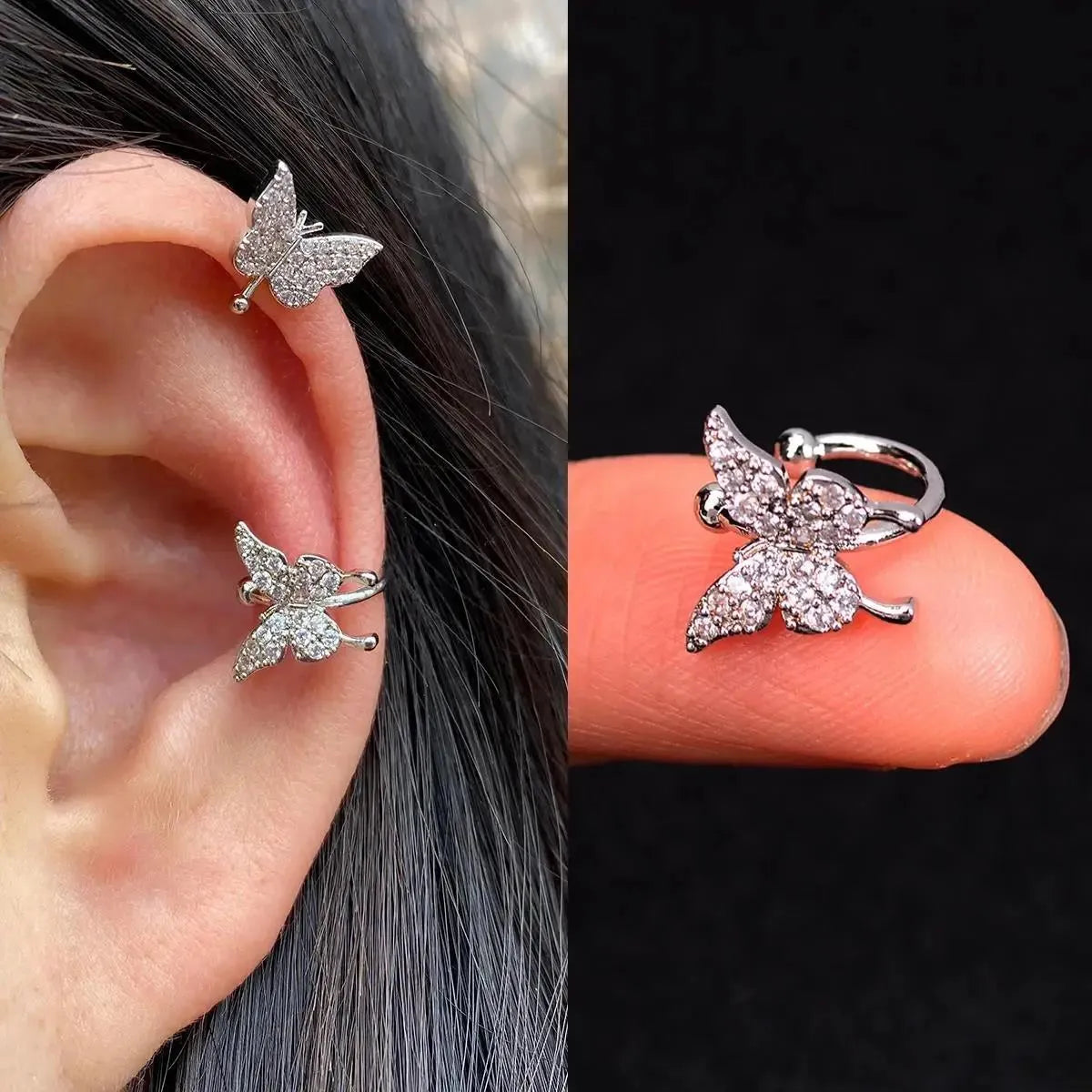 Butterfly flower inlaid zircon pierced earrings in gold or silver copper for women