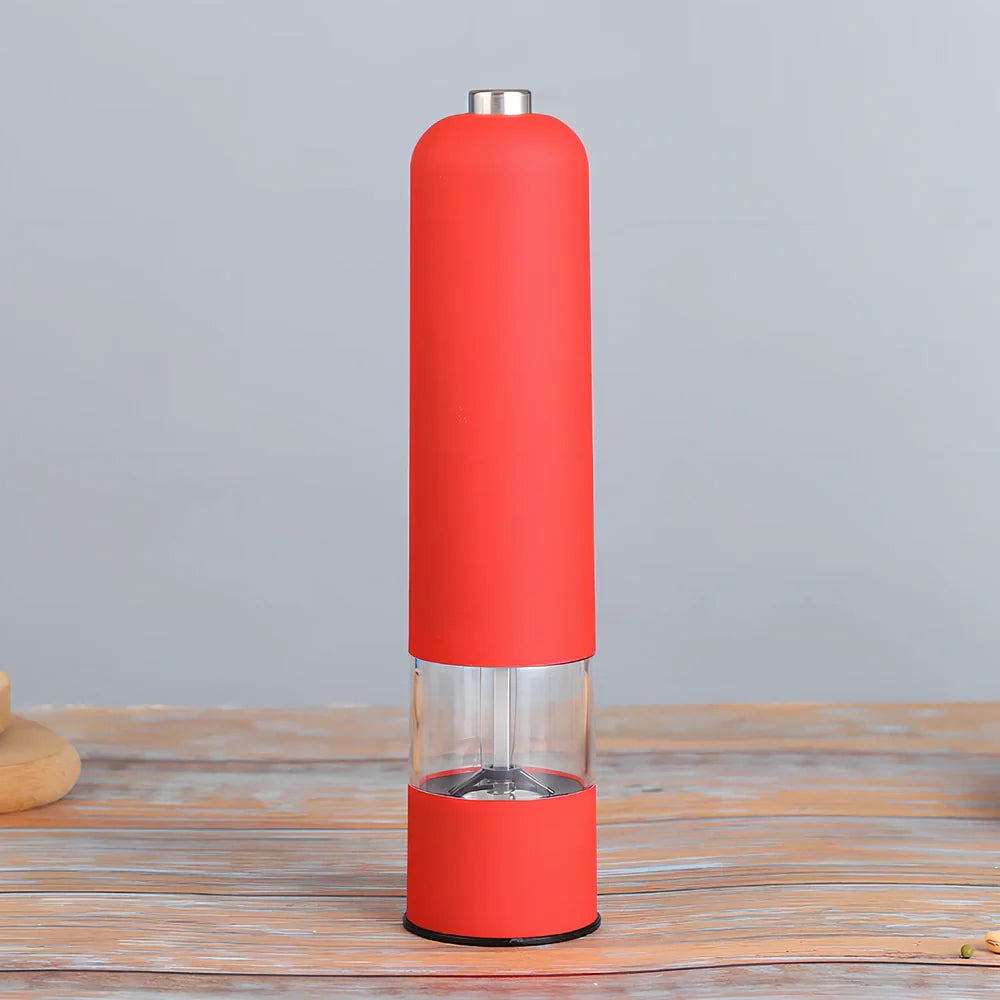 Silver stainless steel electric salt and pepper grinder with one-handed operation button