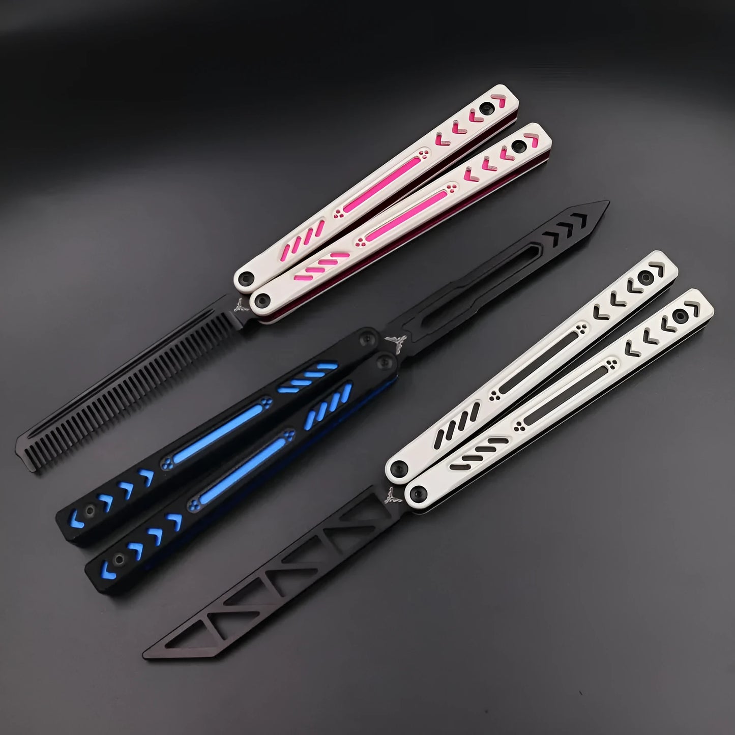 Butterfly knife practice trainer with aluminium handle and G10 grip patches in multiple colour options