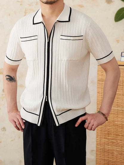 Slim elastic lapel short-sleeved polo shirt in black or white, showing lapel collar and slim fit design.