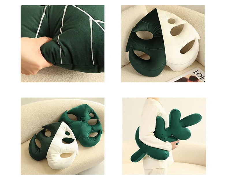 Green embroidered plant cushion with monstera leaf pattern on plush fabric