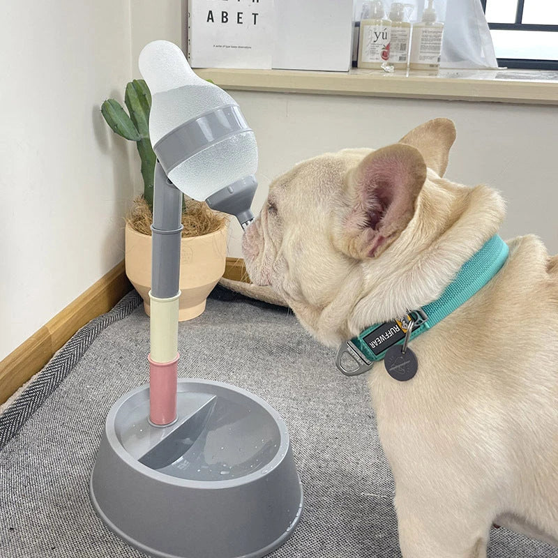Adjustable automatic pet water dispenser with elevated stand in various colors, including pink, yellow, rose red, green, beige, and black
