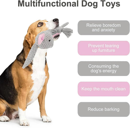 Interactive dog plush toy with squeaker, crinkle paper, and cotton rope in animal designs