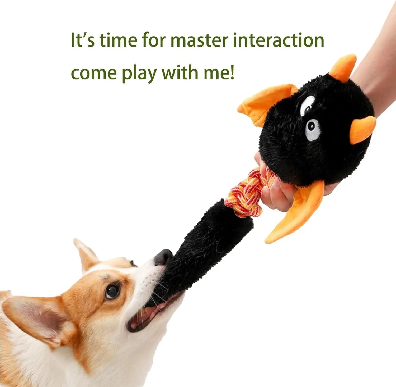 Plush dog toy with squeaker and rattle, 44cm length, in black, green, or red for large breeds