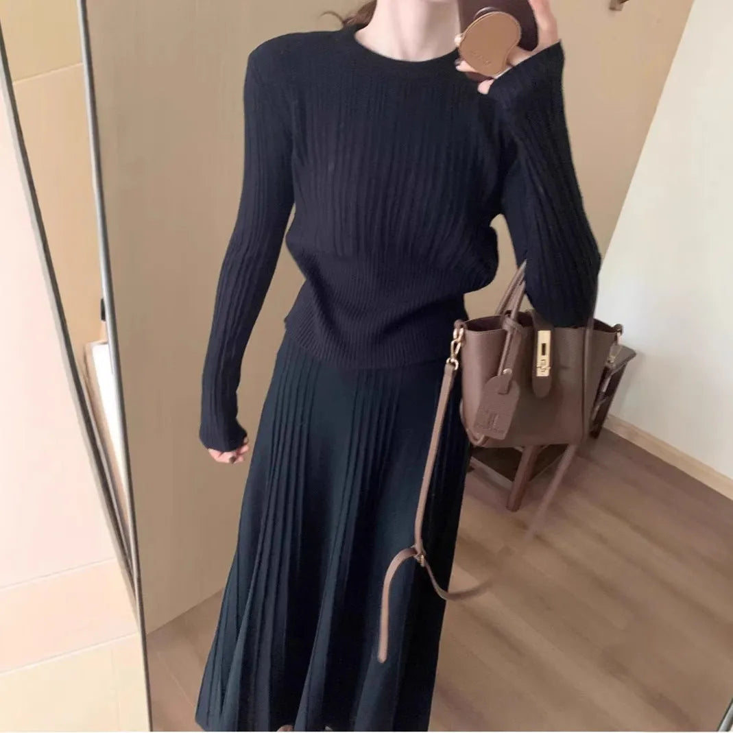 Dark grey knitted dress suit with 3D pattern, artistic retro style, sweater and skirt set