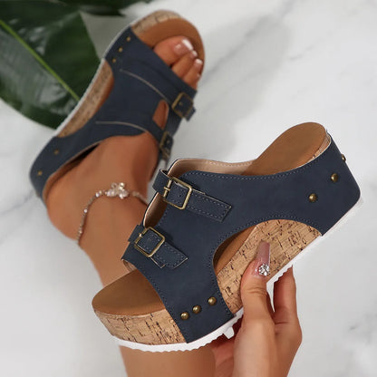 Women's PU leather platform beach sandals with fish mouth scaffold design in navy blue colour