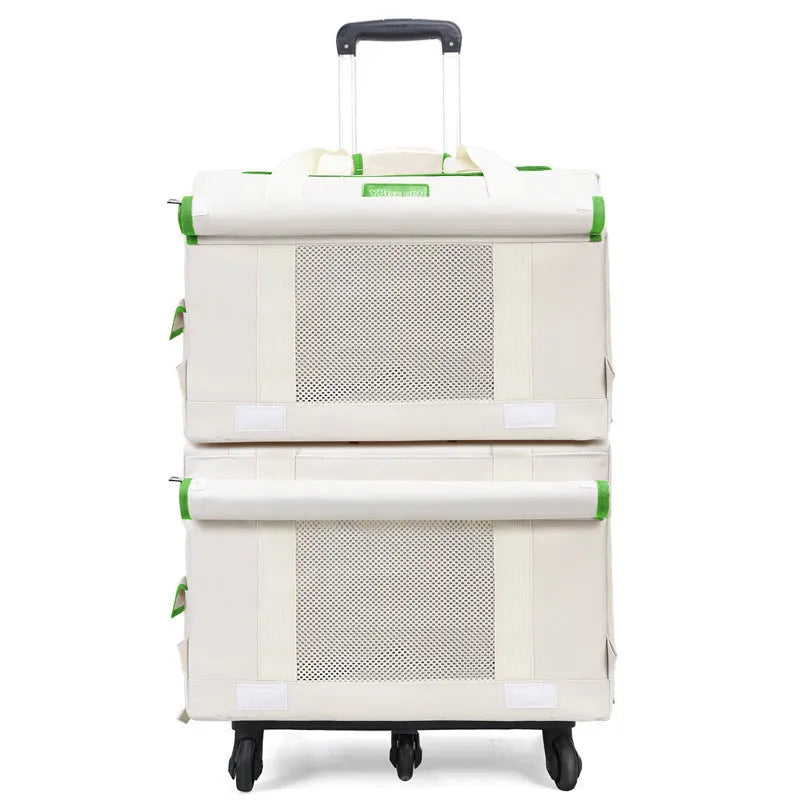Double-deck pet trolley bag in nylon with 18L capacity for cats and small pets, shown in brown, green, white, or yellow