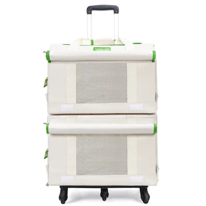 Double-deck pet trolley bag in nylon with 18L capacity for cats and small pets, shown in brown, green, white, or yellow