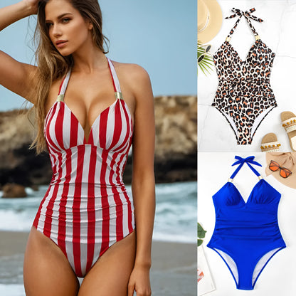 Women's one-piece quick-dry swimsuit in conservative style, shown in multiple colour options.
