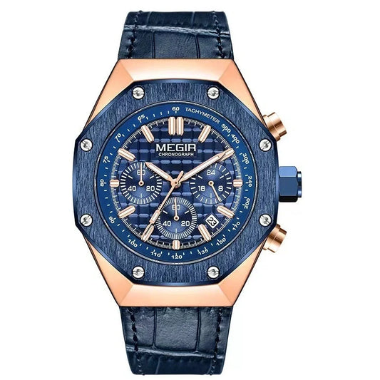 Men's multifunctional waterproof quartz watch with 13mm thickness showing three strap options