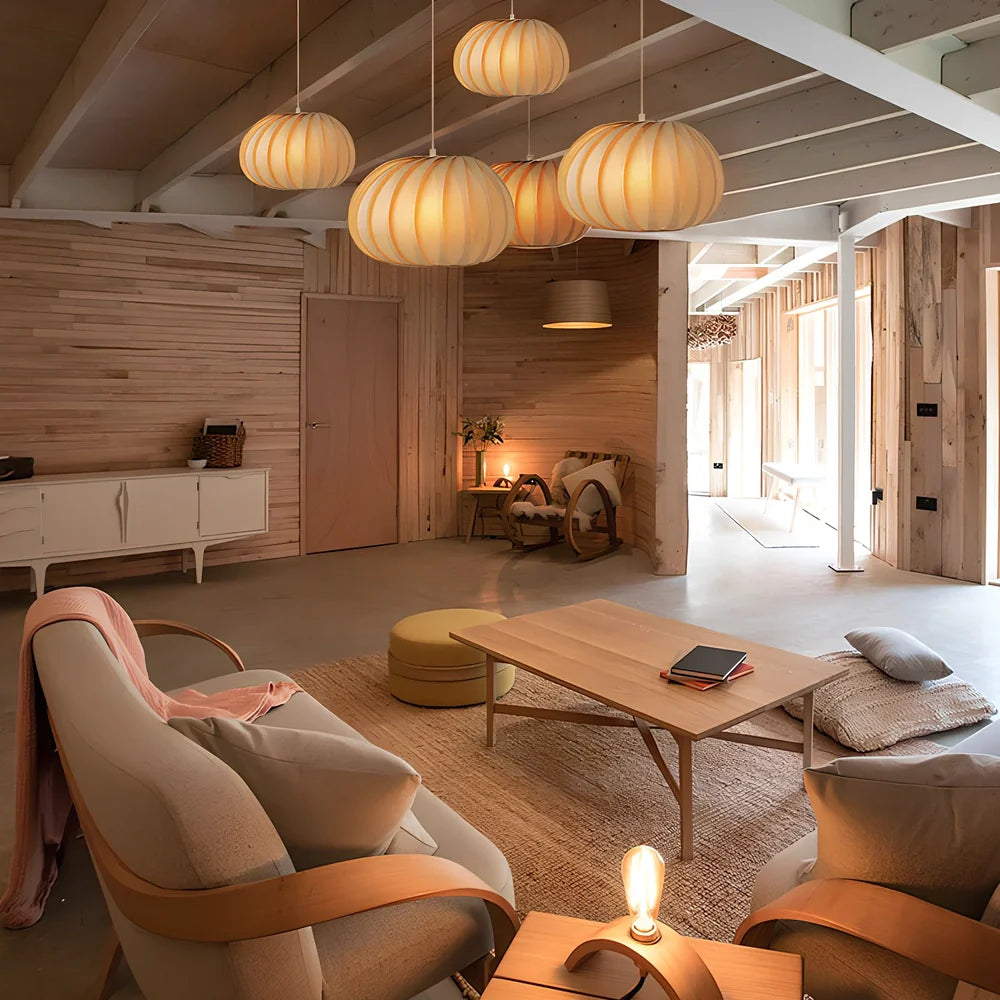 Japanese pumpkin-shaped wooden chandelier, 27cm diameter, 17cm height, covering 10-15㎡ with Nordic style