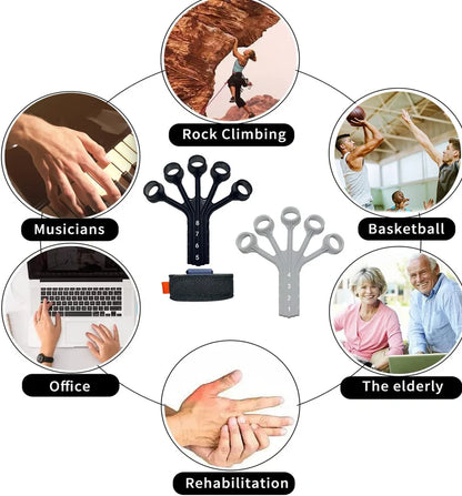 Black silicone finger rehabilitation trainer with adjustable resistance belt for hand exercises