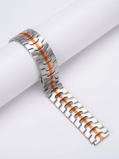 Stainless steel watch band for Samsung Galaxy Watch in multiple colour options on a grey background.